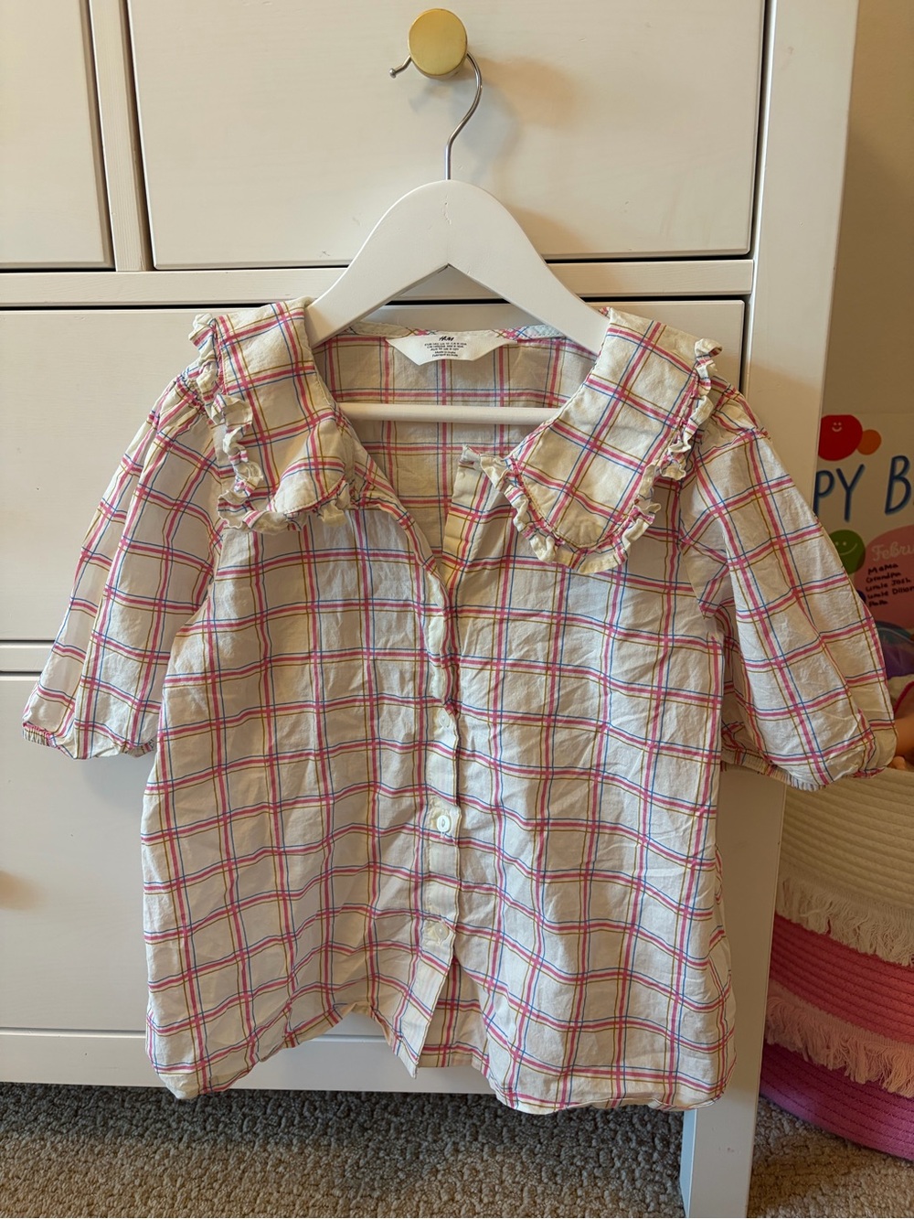 H&M Plaid Button Up Shirt Girls US 10 Pink Blue Cotton